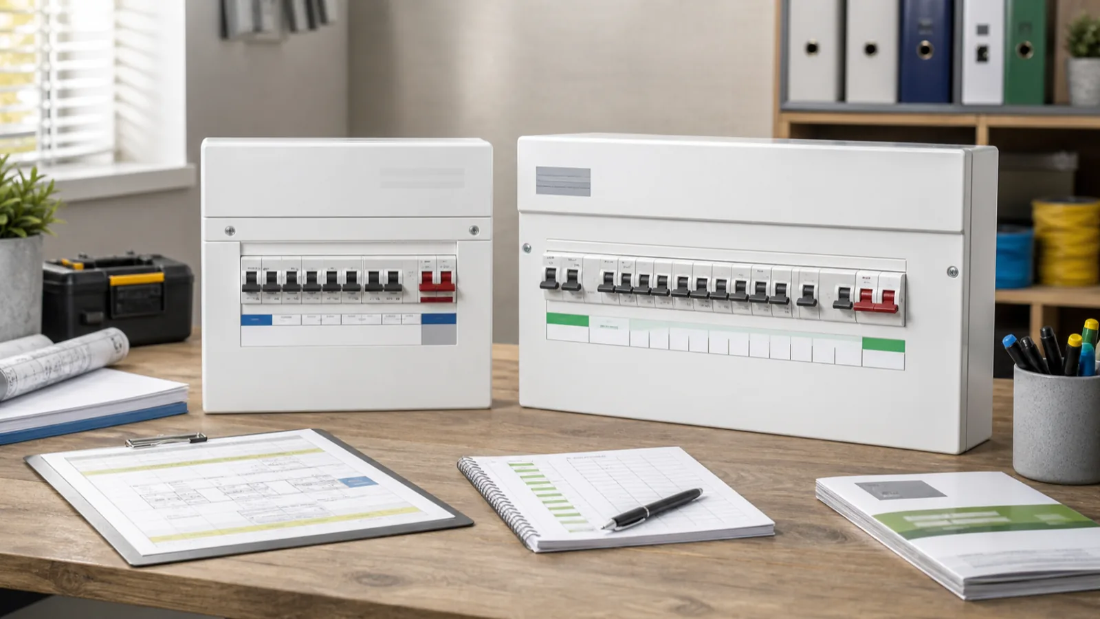 best consumer unit upgrade options London homes: Wylex NM and Schneider Easy9 Plus boards with certification paperwork
