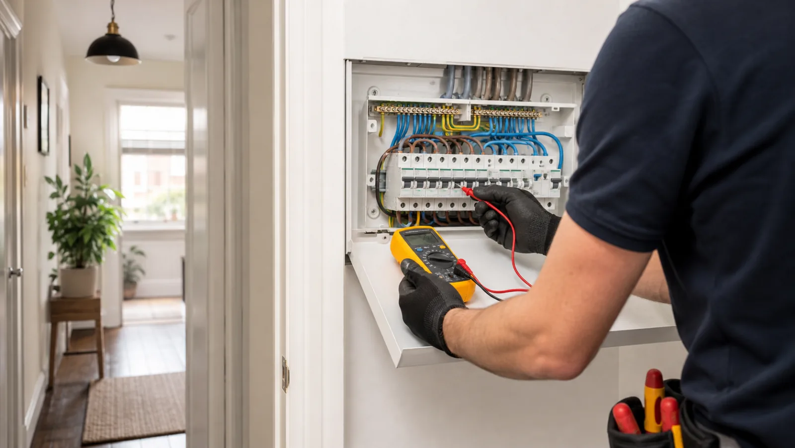 An electrician inspecting a consumer unit before deciding whether cover is suitable