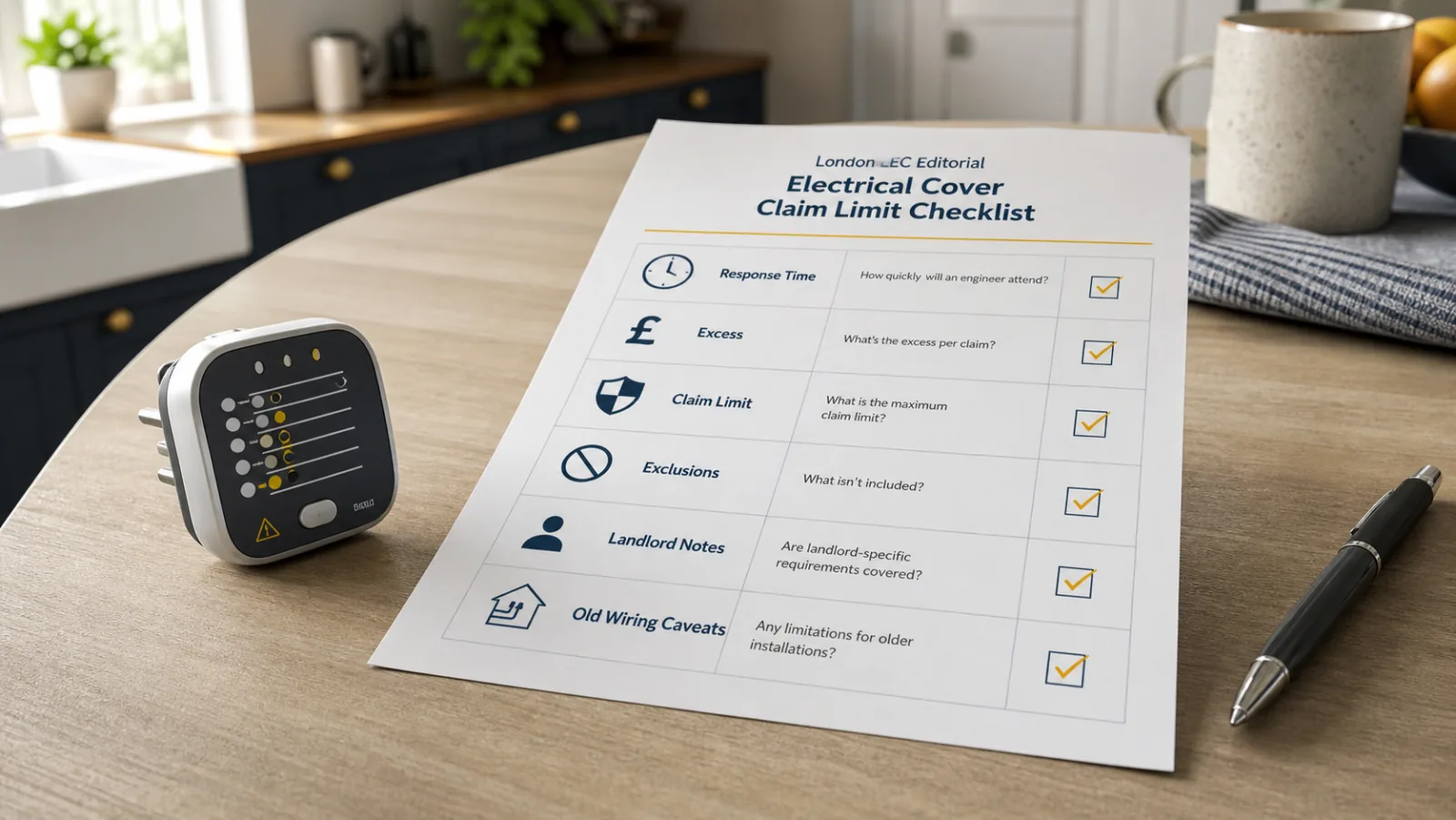 A checklist comparing response time, excess, claim limit, exclusions, and old wiring caveats