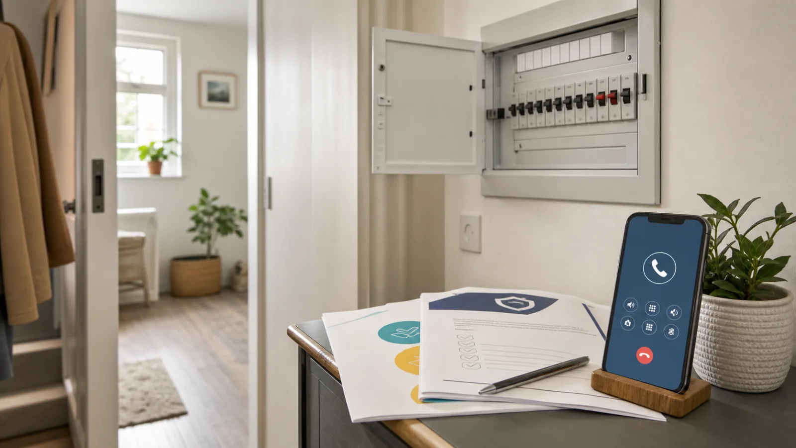 A London home hallway with a consumer unit, electrical cover documents, and a phone ready for an emergency call.