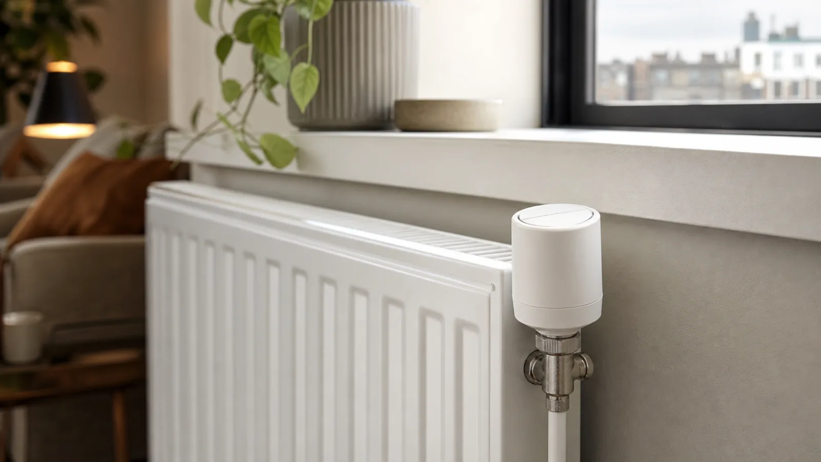 Hive Radiator Valve fitted to a compact London flat radiator