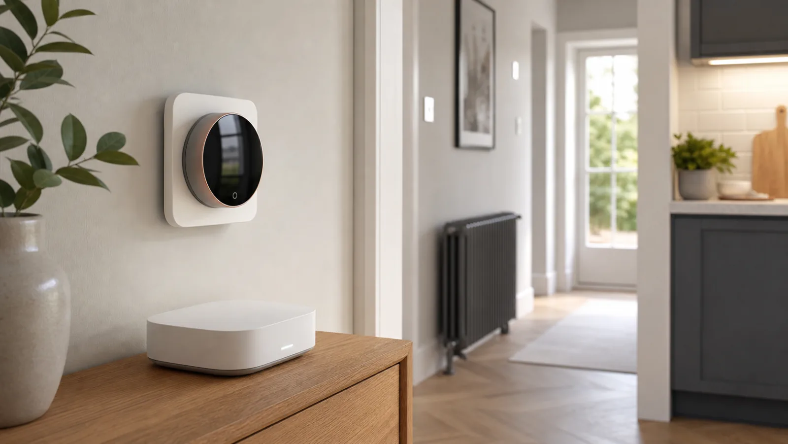 Hive Thermostat and Hive Hub arranged in a London hallway heating-control scene