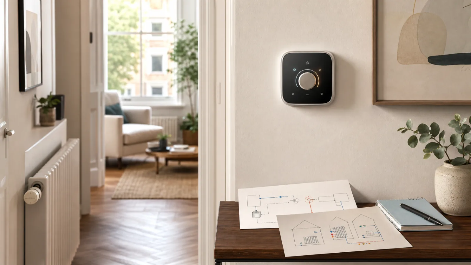 room thermostat and boiler demand control notes for a London hallway heating setup